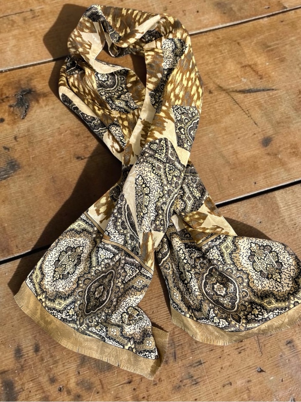 Elegant Gold, Black,Cream Patterned Silky Scarf~ Made in Italy ~ Excellent